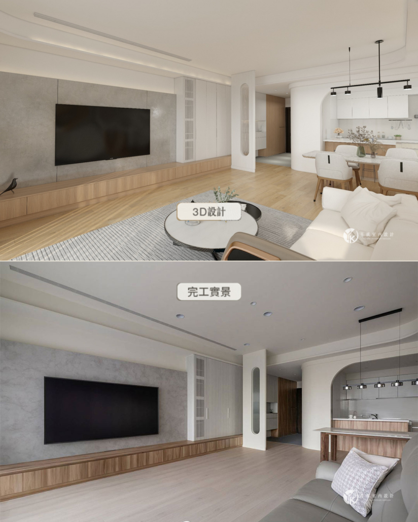 08-電視牆斜角-3D設計與完工實景-1080x1350 國泰UNIPARK客廳電視牆與餐廳3D完工實景