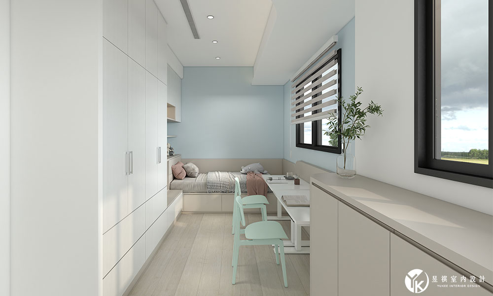 國泰建設次臥室設計-粉藍色系兒童房與圓弧消弭樑柱壓迫