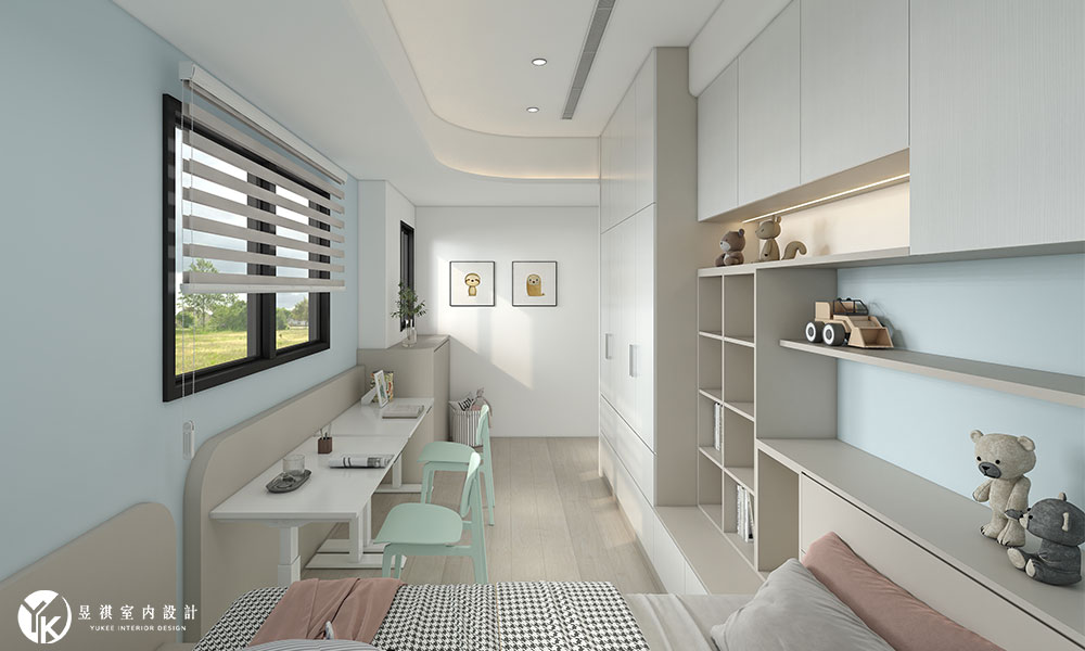 兒童房裝潢靈感-雙人位長形書桌與內嵌燈帶展示架設計