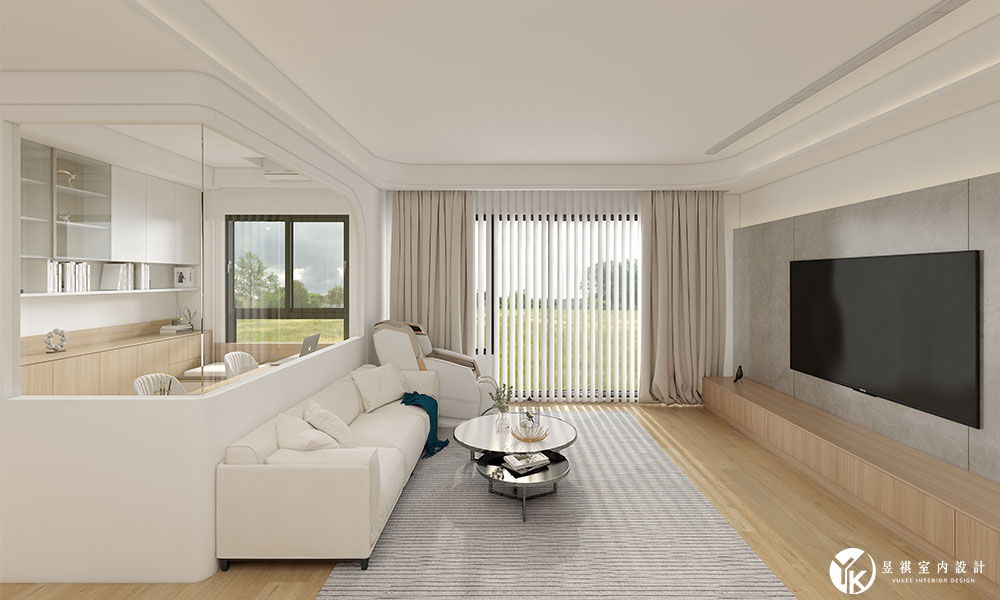 國泰建設客廳設計-灰色特殊漆電視牆與圓弧天花板細節