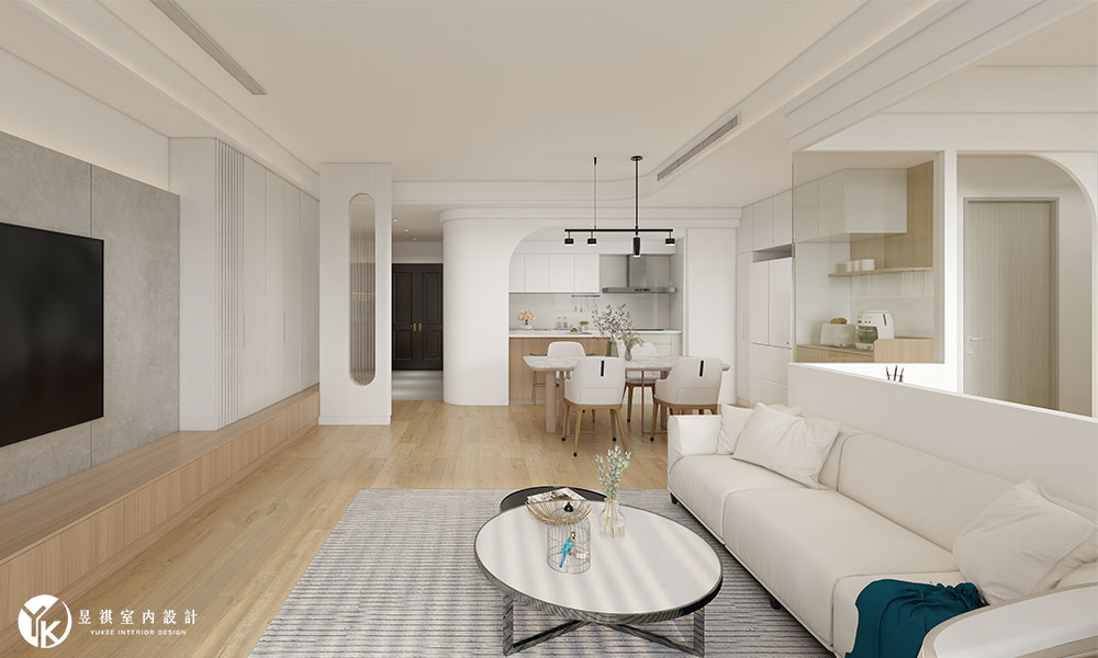 國泰建設客廳裝潢-暖木質感與極簡白牆之層次空間感