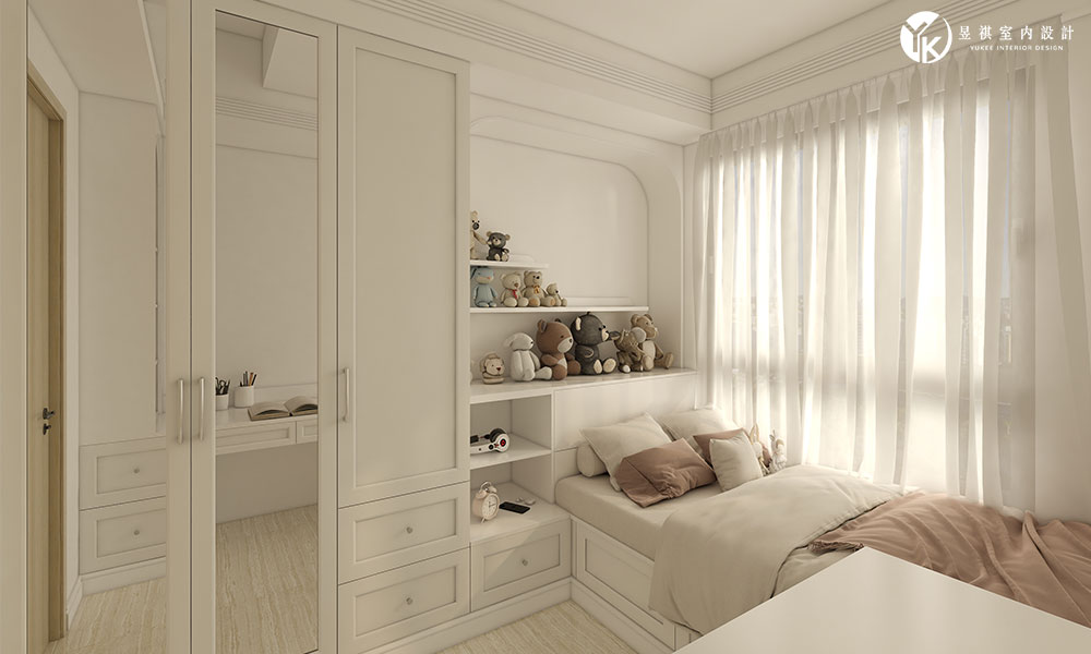 兒童房整合展示架與收納櫃，提升空間收納與童趣氛圍。