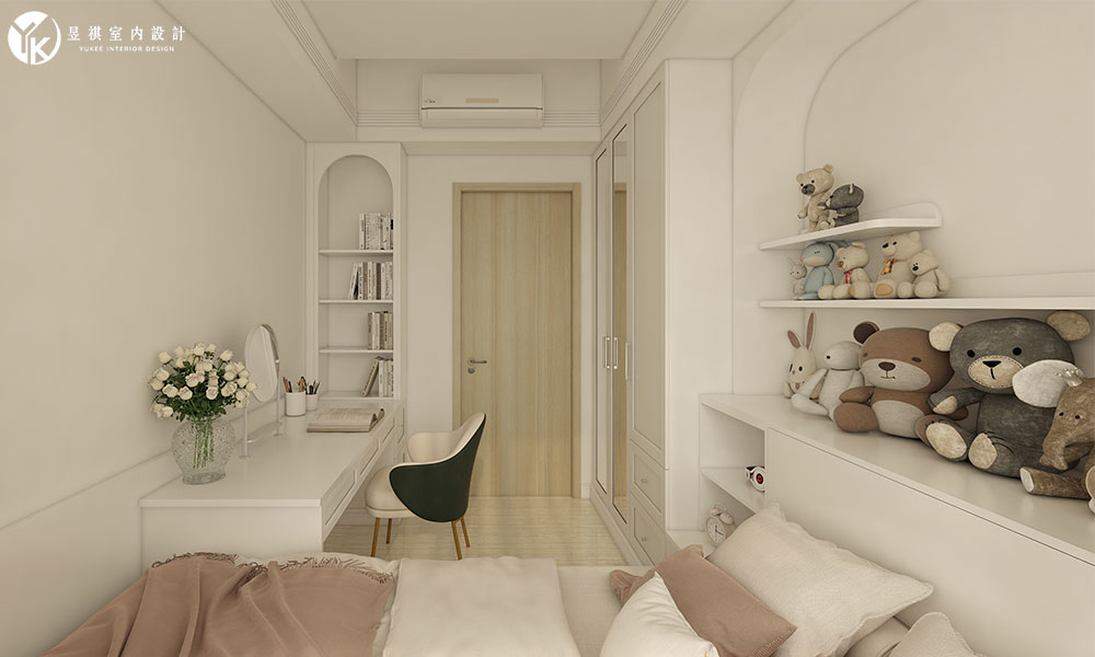 兒童臥室結合書桌、臥榻與收納櫃，打造溫馨舒適的居家空間。