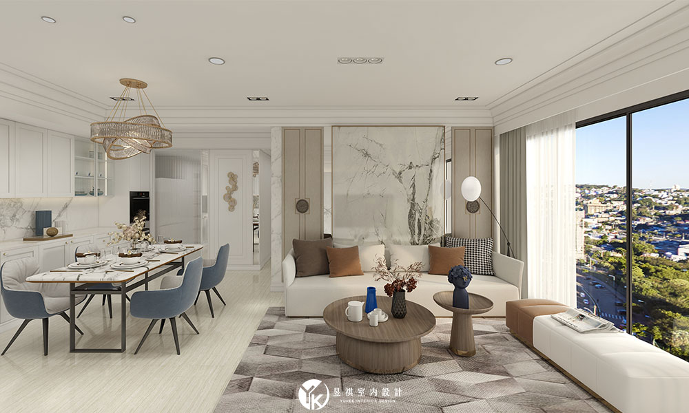 台南安平室內設計 國泰UNI PARK開放式客餐廳設計 大理石沙發牆3D效果圖