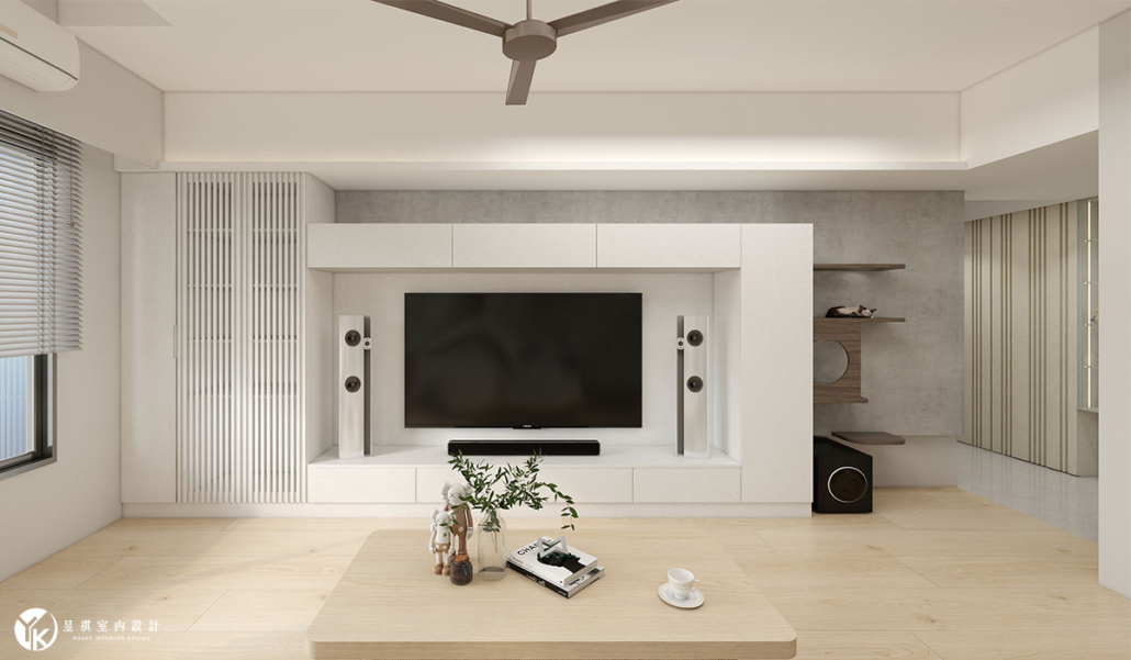 聯上3D客廳電視牆與貓跳台105. 聯上住宅現代簡約客廳3D效果圖,整合電視牆收納與木質貓跳台設計