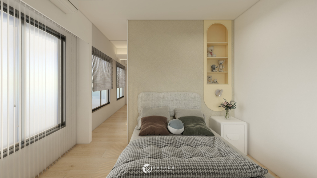 聯上3D次臥床頭與展示收納301(2) 次臥弧形床頭與開放展示收納櫃3D設計